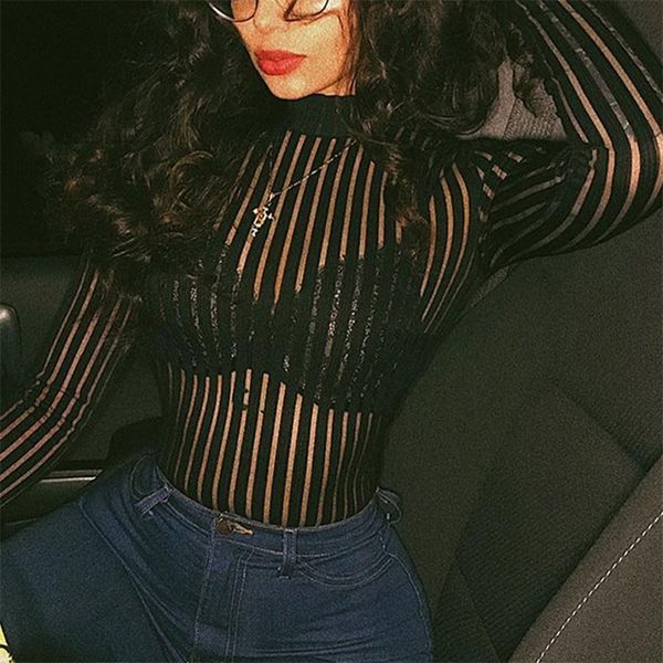 

omsj black mesh sprited print see-through skinny bodysuit long sleeve lady high neck pullover body fashion party club 210306, Black;white