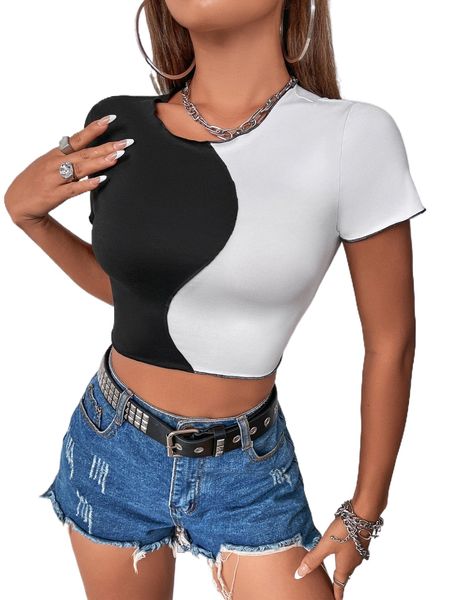 

two tone stitching detail crop tee 45oj#, White