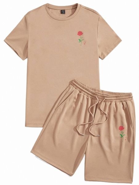 

men floral print tee & drawstring waist shorts c312#, Gray