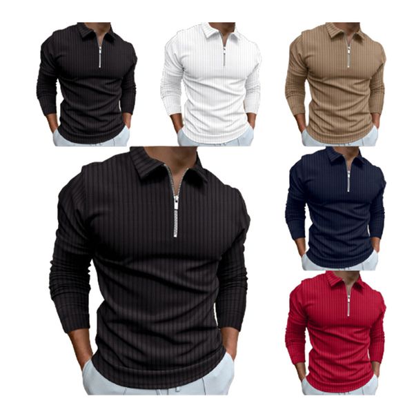

2022 new stripe golf polos t-shirt for men slim fit zipper lapel long sleeve casual fitting polos tshirts polo8-1, White;black