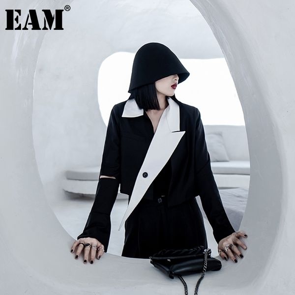 

eam women irregular split big size short blazer lapel long sleeve loose fit jacket fashion spring autumn 1db542 y201026, White;black