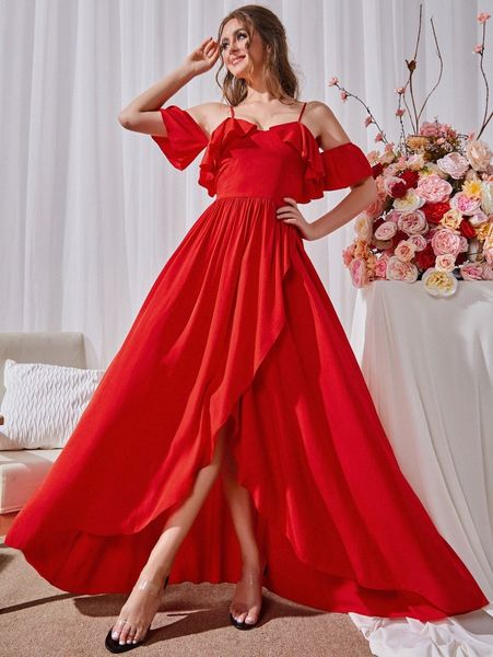 

sbetro cold shoulder ruffle trim wrap hem prom dress u7dj#, Black;gray