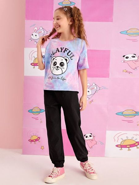 

girls cartoon and letter graphic tie dye tee and belted pants she, White