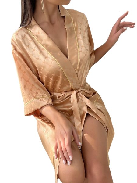 

heart jacquard contrast piping belted satin robe r4ui#, Black;red