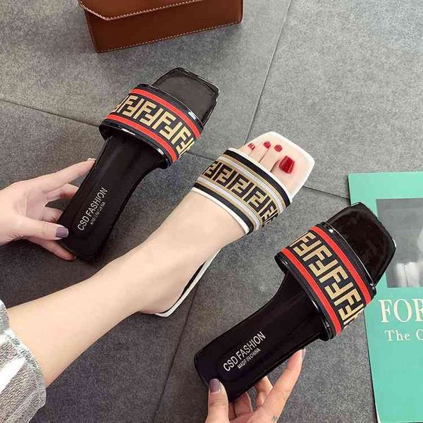 

designer shoes letter sandal women 2022 summer new korean fashion square head wear flat bottomed beach women's slippers, Black