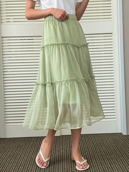 

dazy solid frilled layered hem skirt 27w6#, Black