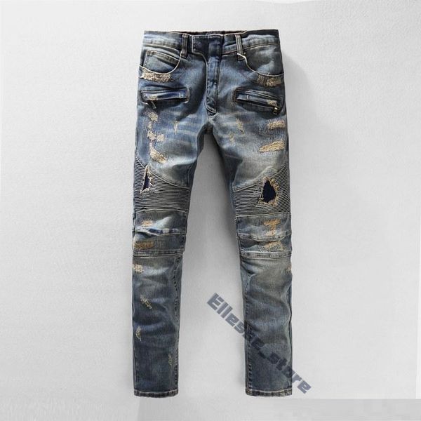 

pants mens designer jeans distressed ripped biker slim fit motorcycle bikers denim for men s fashion mans black pour hommes aa, Blue