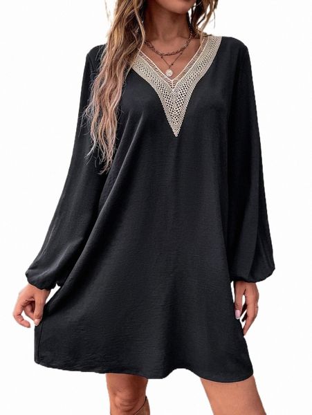 

guipure lace panel lantern sleeve dress l7ig#, Black;gray