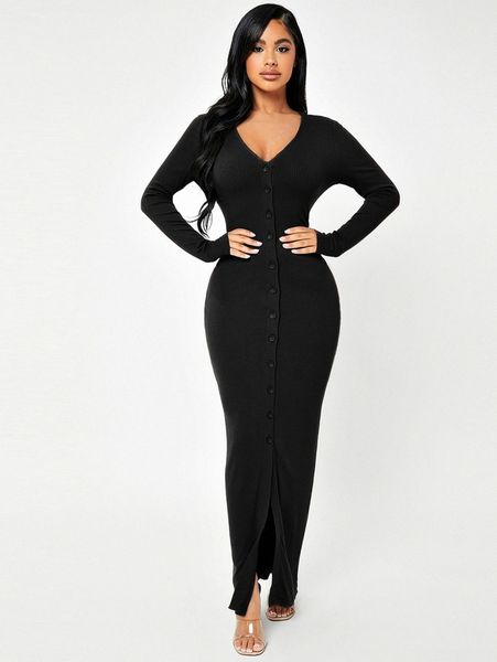 

sxy button through rib knit bodycon dress g2e6#, Black;gray