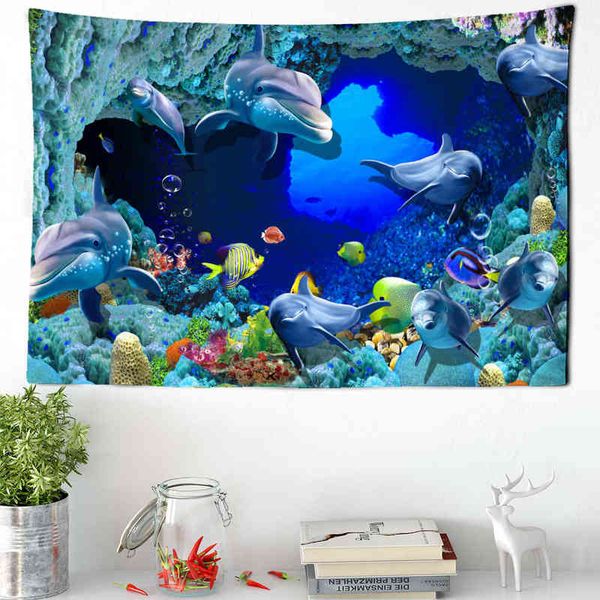 3d The Subwater World Tapestry Fish Sailboat Home Decoration Parede do tapete pendurado Decoração Bohemian Crow Sofá Blanket J220804