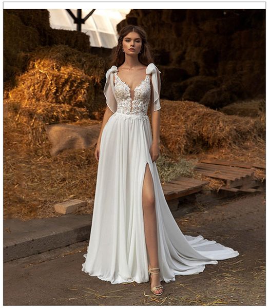 Chic Boho A Line Abito da sposa 2022 Civile Scollo a V Cap Sleeve Chiffon Beach Abiti da sposa bohémien con spacco Backless Sposa Robe De Mariage Donna Vestidos Novia