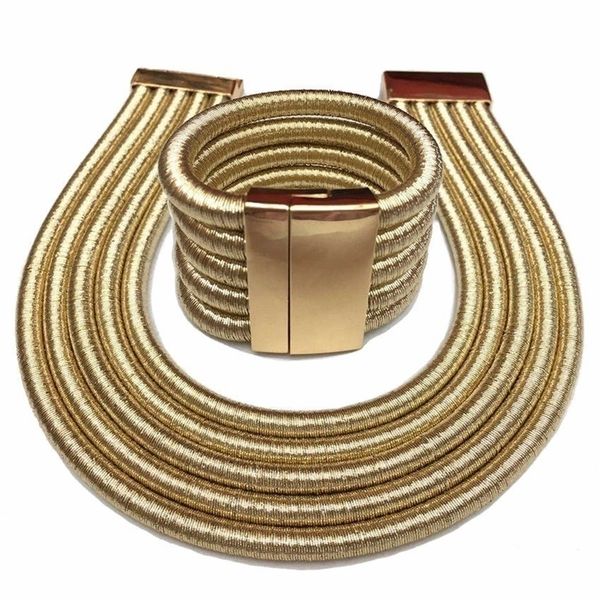 

fashion ethiopian african jewelry set magnetic buckle choker necklace women multilayer weaving exaggerated necklace bracelet 220716, Silver