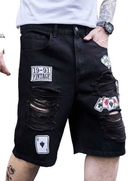 

men patch detail ripped denim shorts n6pt#, White;black