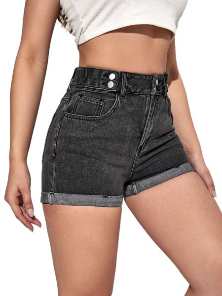 

high waist roll hem denim shorts m4xd#, White;black