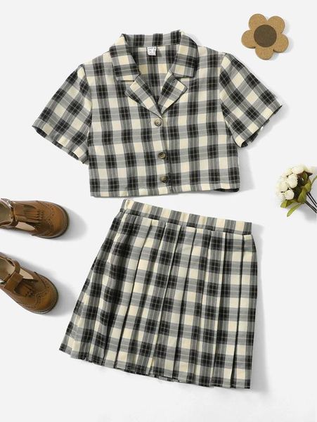 

girls tartan lapel collar crop blouse & pleated skirt she, White