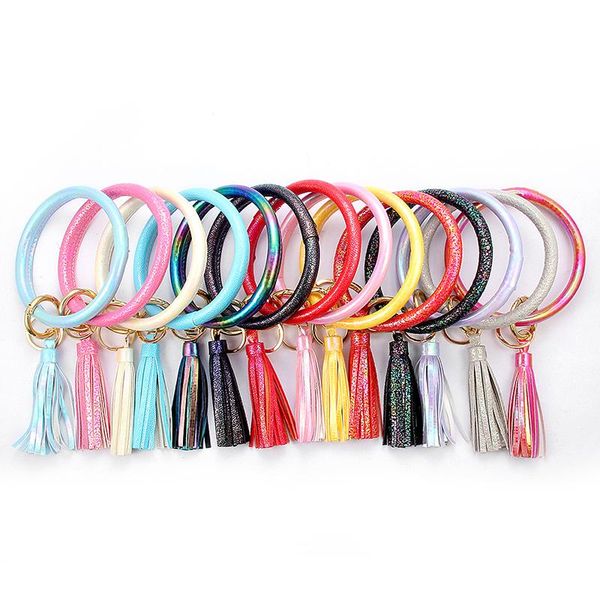 

cute tassel bracelet laser holographic pu leather bangle wristlet bracelets keychain holder circle shiny key ring pendant, Red;brown
