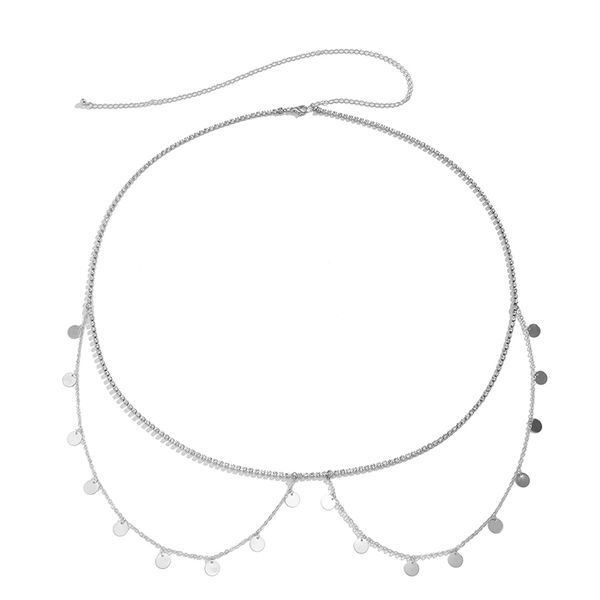 

fashionable metallic sequin belly chains for women hip hop style simple tassel studded diamond claw chain thin-chain sandbeach body jewelry, Silver