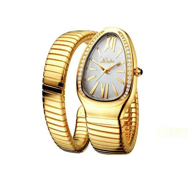 

noble temperament missfox dazzling accurate quartz womens watch mysterious snake shape design bracelet stainless steel diamond ladies, Slivery;golden
