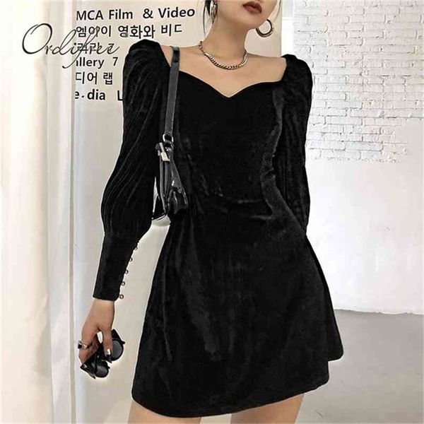 

autumn women velvet mini dress long sleeve vintage elegant lady black red short party 210513, Black;gray