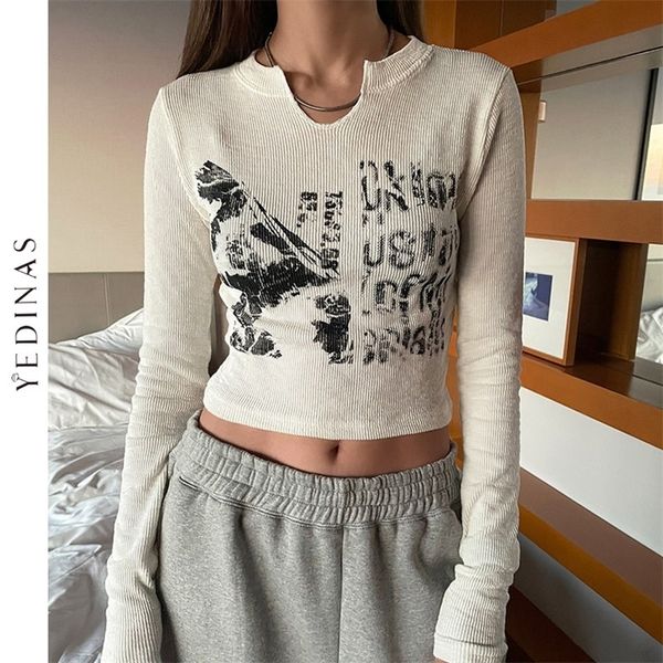 

yedinas vintage letter print long sleeve crop women slim autumn t shirt korean style chic grunge aesthetic streetwear 220420, White