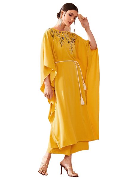 

drop shoulder floral embroidery fringe detail dress & pants n7fr#, White