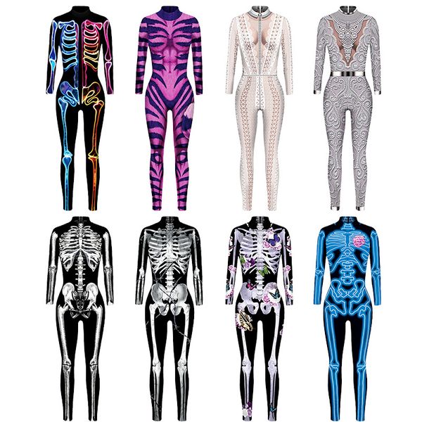 

women's jumpsuits 3d skeleton digital print leotard suit, Black;white