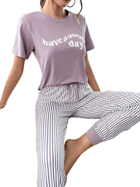 

slogan graphic tee & striped pants pj set 60bb#, Black;red