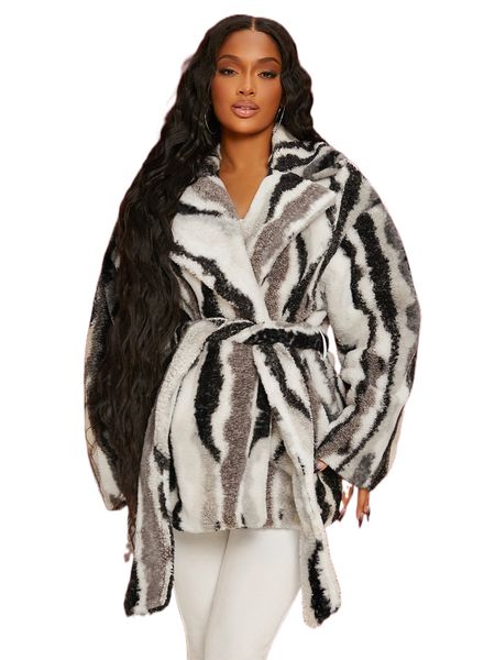 

sxy graphic pattern drop shoulder belted teddy coat 31np#, Black