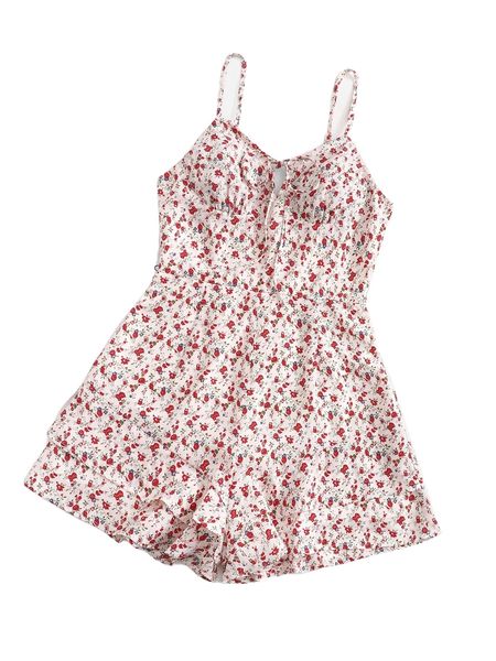 

tie front ditsy floral cami romper 2088#, Black;white