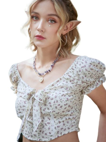 

romwe ditsy floral tie front blouse d5sa#, White