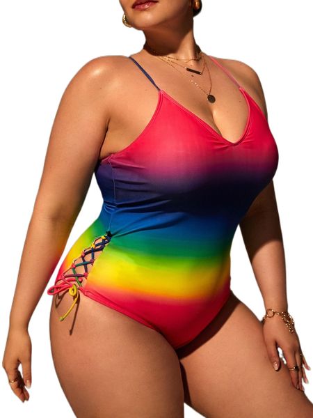 

plus ombre lace up side crisscross back one piece swimsuit 821i#, White;black