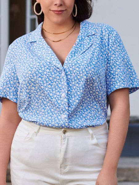 

plus ditsy floral print lapel collar w4a1#, Black