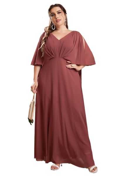 

plus slit cloak sleeve plicated chiffon prom dress o6vs#, Black