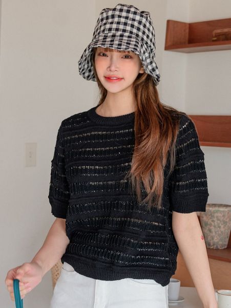 

dazy round neck pointelle knit 7499#, White;black