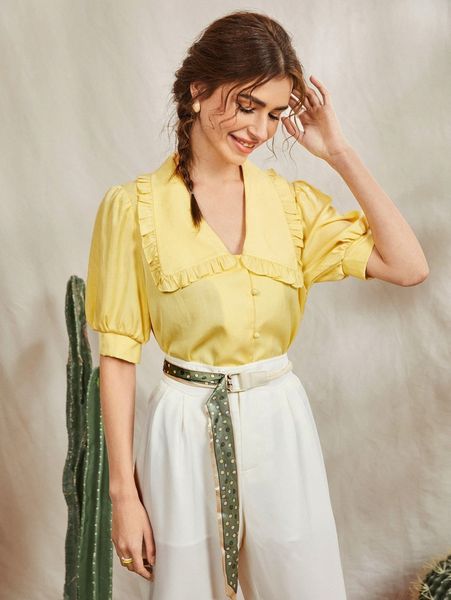

frill trim puff sleeve blouse h2k7#, White