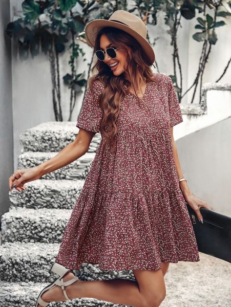 

ditsy floral ruffle hem smock dress f7g4#, Black;gray