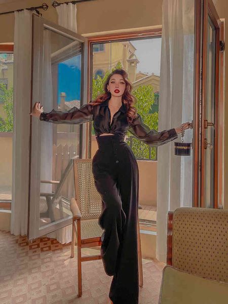 

skirts vintage original autumn and winter leg show long retro fake waist cover high hanging feeling wide pants ts4t, Black