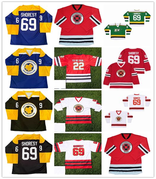 Herren TV-Serie Irish Letterkenny #69 Kooy Shoresy Eishockeytrikot Ice Movie Teamfarbe Blau Gelb Grün Weiß Rot Abwechselnd genähte Uniformen