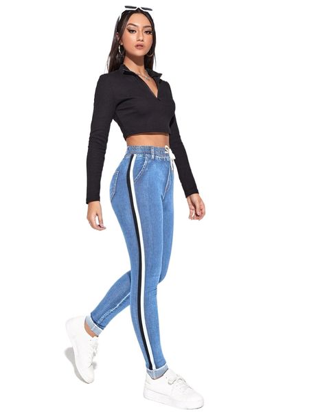 

contrast binding drawstring skinny jeans y6vf#, Blue