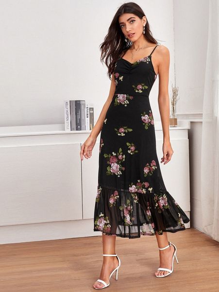 

ruffle hem floral cami dress f4lw#, Black;gray