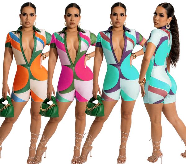 

jumpsuit women printing skinny bodysuit buttons turn down neck short sleeves casual sport shorts jumpsuit nightclub summer, Black;white