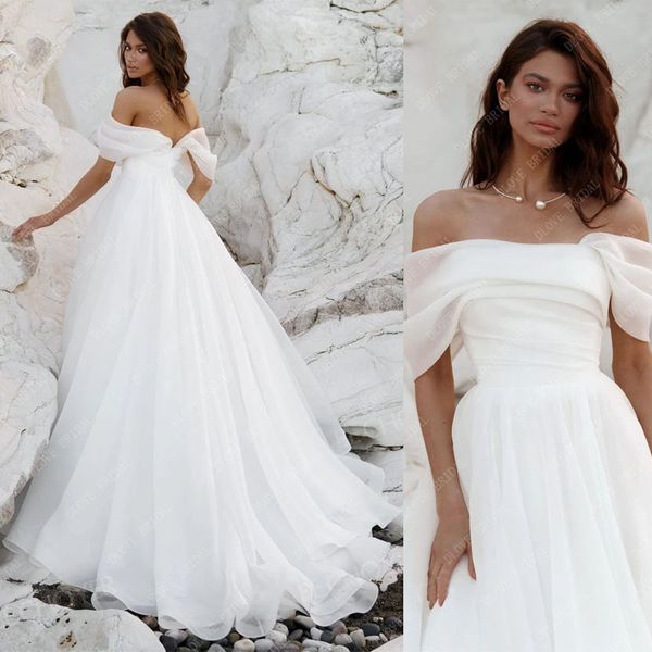 

off shoulder mordern a-line bride gown 2022 court train princess wedding dresses, White