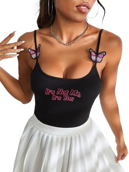 

x pretty bratty slogan graphic butterfly applique cami c1kr#, White