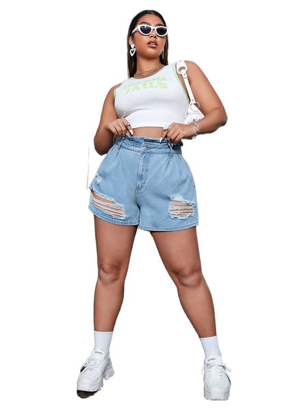 

plus high waist ripped frayed denim shorts f37e#, White;black
