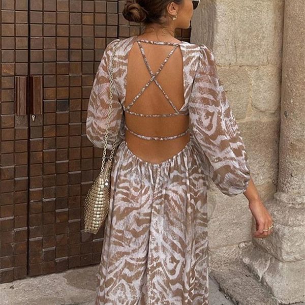 

women elegant print backless dress summer boho long sleeve floral hollow out casual loose beach vacation lady es 220815, Black;gray