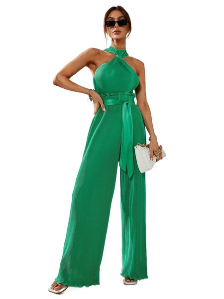 

twist front halter & paper bag waist wide leg pants g88j#, White