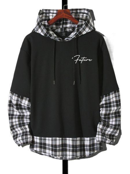 

men plaid & letter graphic drawstring 2 in 1 hoodie 95qf#, Black