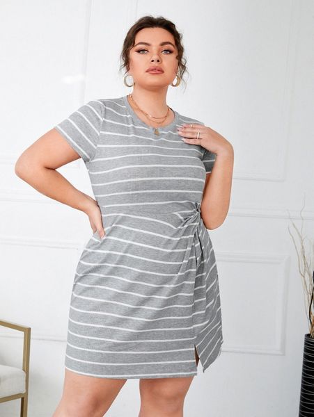 

plus striped twist side split hem rib-knit dress n7br#, Black