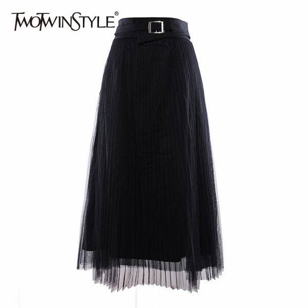 

pleated black skirt for women high waist sashes casual office ladys style skirts female fashion clothes 210423