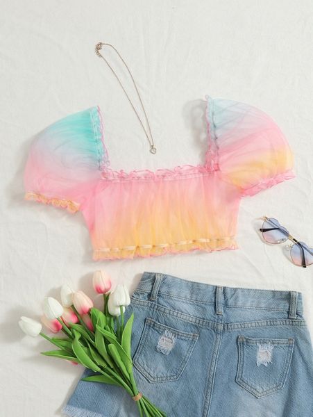 

puff sleeve frill organza crop sheer without bra m09x#, White